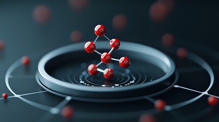 Poster - Molecular structure floating above rippling water surface in dark setting with red atoms connected in geometric pattern, dramatic scientific visualization.