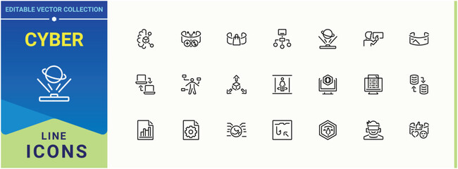 Poster - Cyber icon set in linear style. Pack of technology, hack, network, tech, net and more. Cyberspace icon set in linear style. Outline icons collection. Conceptual pictogram and infographic.