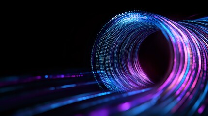 Poster - glowing spiral light trails in blue and purple neon colors against black background create futuristi