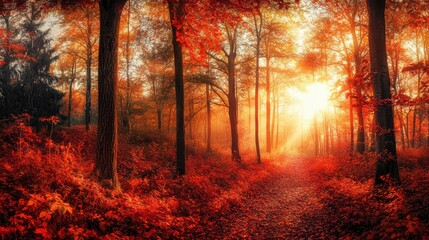 Poster - Sunlit path through a vibrant autumn forest with red leaves and fog.