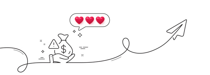 Poster - Bribe line icon. Continuous line with share plane. Money fraud crime sign. Cash scam symbol. Hearts rate review in speech bubble. Bribe single line ribbon. Loop curve pattern. Vector