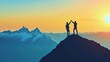 © Harry - Silhouette of Two Climbers Celebrating Success on Mountain Peak at Sunset Golden Hour Achievement Teamwork Landscape Photography Dramatic View