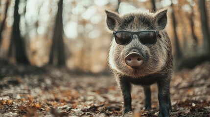 Poster - Cool pig wearing sunglasses in autumn forest.