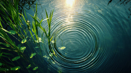 Wall Mural - a tranquil image of sunlit underwater vegetation, fresh green plants slightly submerged, natural sur