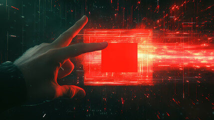 Wall Mural - Man finger touch red risk sign hologram, tablet and abstract glowing lines. Nebula Tablet. Illustration