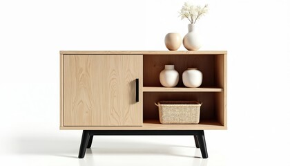 Poster - Modern wooden cabinet display items with white background. Stylish furniture piece for home decor. Shelves showcase vases, basket. Minimalist design, neutral tones, Scandinavian aesthetic.