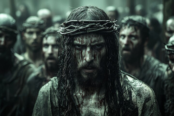 Aufkleber - extras mill about nervously waiting call to enter crucifixion tableau scene. concept of coordinated 