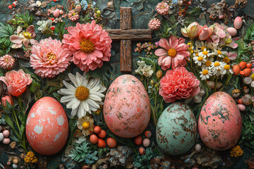 Poster - collage of various easter symbols including crosses, eggs, and flowers overlaid creatively. concept 
