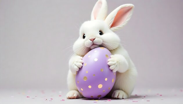 Adorable white easter bunny hugging a big decorated purple egg with gold spots , Easter day banner for website created with generative ai 