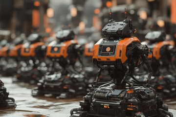 Poster - Rows of futuristic robots with orange and black design in a high-tech environment