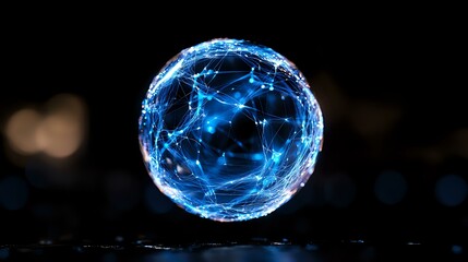 Aufkleber - glowing blue sphere with connected network lines floating in dark space, creating futuristic technol