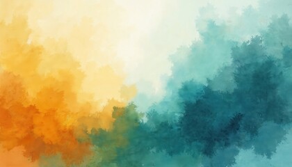 Aufkleber - Abstract watercolor background with dynamic blend mustard yellow teal burnt orange colors on canvas. Artistic paint texture design. Creative modern artwork for decoration, print, poster or web design.