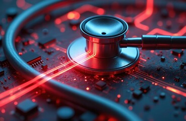 Aufkleber - Stethoscope on circuit board with pathways, tech diagnostics in modern medicine. Digital healthcare concept, innovation in medical devices, data exchange. Represents telemedicine, advanced health
