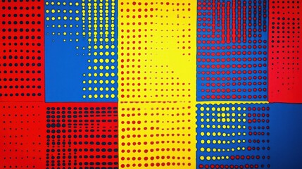 Poster - Abstract geometric pattern of colorful blocks with halftone dots, modern design and vivid colors. A visually striking composition with red, blue and yellow accents
