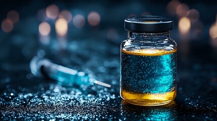Poster - Glowing jar with luminescent blue liquid on dark background with bokeh lights and water drops, creating magical scientific atmosphere. For fantasy designs.
