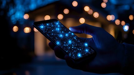 Poster - silhouetted hands holding smartphone with glowing blue screen against blurred bokeh lights backgroun