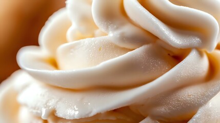 Poster - Creamy white soft serve ice cream or whipped cream swirls in macro close-up showing smooth texture and delicate peaks against warm background.