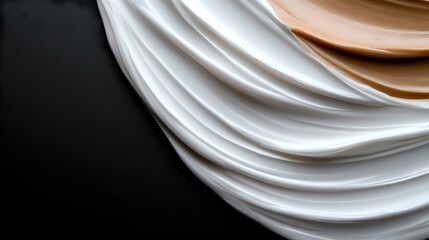 Poster - Elegant white and beige draped fabric creating smooth flowing curves and layers against dark background, abstract luxury textile design for fashion and interior decor.