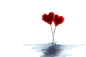 Poster - Two red heart-shaped balloons reflected in water surface against white background, romantic minimalist watercolor style artwork for Valentine's Day cards.