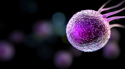 Poster - Purple glowing cell with detailed membrane structure and extending filaments on dark background with bokeh effect, scientific visualization for medical research.