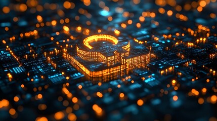Poster - Glowing orange microprocessor on circuit board with bokeh light effects against dark background, futuristic technology concept with depth of field.