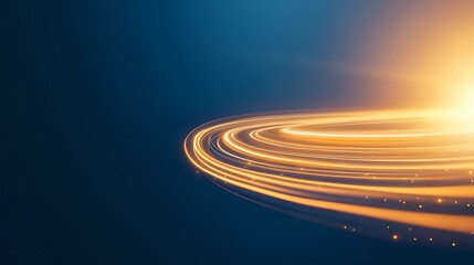 Poster - glowing orange light trails curve against dark blue background creating dynamic motion effect with b