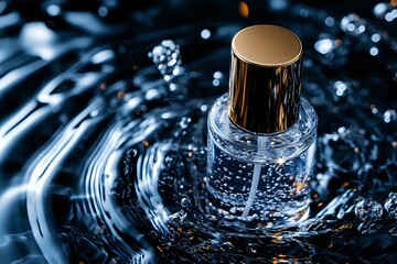 Aufkleber - Luxury glass perfume bottle with gold cap splashing in clear water with dynamic ripples and bubbles creating dramatic cosmetic product photography.