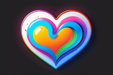 Poster - Vibrant multicolored heart shape with neon glow effect on dark background features flowing gradient layers in rainbow hues, creating dynamic modern design element.
