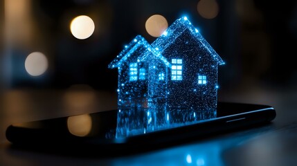 Poster - Glowing blue holographic house projection emerging from smartphone screen with bokeh light effects in dark background, futuristic smart home concept.