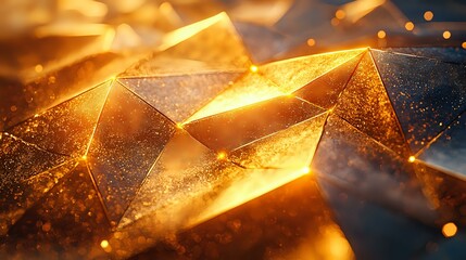 Poster - Glowing golden geometric crystal shapes with sparkling particles and light effects against dark background, abstract luxury modern design element.