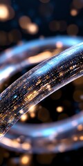 Poster - Glowing curved fiber optic cable with digital data stream visualization on dark background with bokeh lights, representing high-speed internet connectivity.