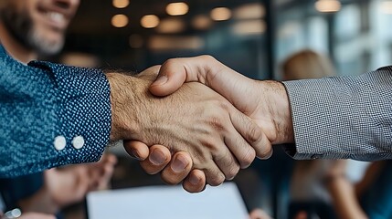 Poster - Close-up of diverse business professionals shaking hands in modern office setting, symbolizing partnership, trust and successful deal completion.
