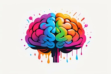 Aufkleber - Colorful brain with rainbow paint drips and splashes on white background, creative thinking and imagination concept for psychology and neuroscience designs.