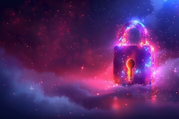 Poster - Glowing padlock with keyhole emitting magical purple and blue light against cosmic nebula background, representing digital security and data protection.