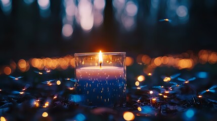 Poster - Glowing candle in glass holder against dark background with magical bokeh lights creating dreamy atmosphere. Romantic mood for spa and meditation.