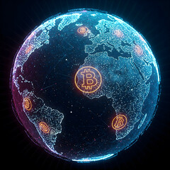 Poster - A glowing digital globe with Bitcoin symbols over continents, set against a dark background, with a network of lines. Generative AI.