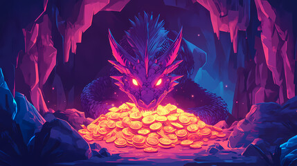 Wall Mural - A dragon hoarding a pile of blooming treasure in a dark cave theme, front view, symbolizing mystical wealth, futuristic tone, complementary color scheme. Dragons Glyphs. Illustration