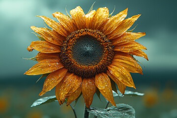 Poster - a wilted sunflower drooping under gray clouds beside a vibrant bloom basking in sunlight. concept of
