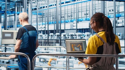 Poster - engineers working in smart factory, collecting and analyzing data. technicians using tracking softwa