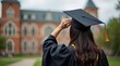 © Alex Pios - Close-up of a female graduate adjusting her mortarboard tassel, wearing a black graduation gown