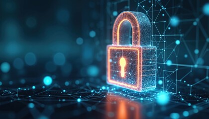 Fototapete - Illustration of digital security concept. Lock symbol surrounded by network connections, neon glow effect. Data protection, internet safety, cyber security, secure access, privacy concepts.