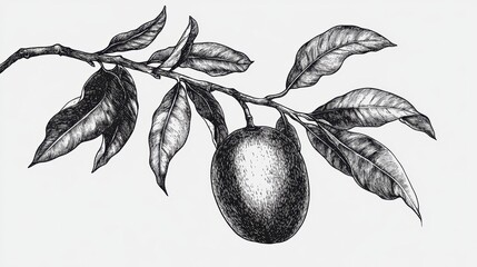 Poster - Monochrome ink drawing of a single fruit on a branch with leaves.