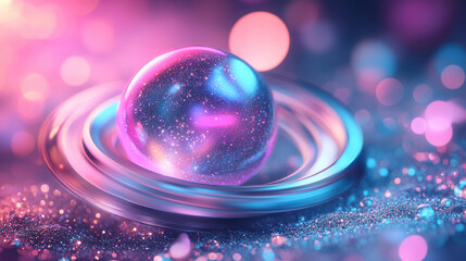 Wall Mural - a floating luminous orb with reflective rings, surrounded by glittering particles in a dark celestia