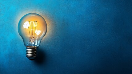 Poster - Glowing Vintage Light Bulb on Blue Textured Wall Background Bright Idea Inspiration Electricity Energy Innovation Design Element Retro Style Filament 