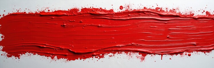 Aufkleber - Close-up view of a thick red paint brush stroke on white canvas. Abstract art background, creative expression in vibrant colours, textured design. Artwork for decoration.