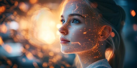 Poster - a serene portrait of a young woman gazing thoughtfully into the distance. the background glows with 