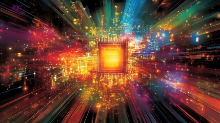 Poster - abstract digital technology background orange yellow red blue green lines futuristic network data pr