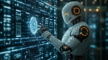 Poster - A futuristic humanoid robot with artificial intelligence interacts with a glowing holographic interface, symbolizing advanced technology, digital evolution, innovation, and the future of AI integratio