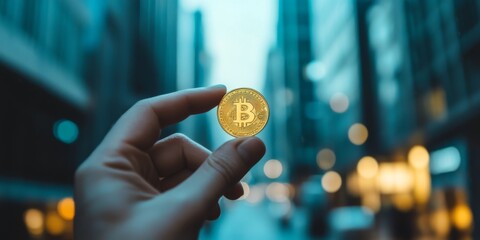 Poster - A person holds a shiny bitcoin coin in a modern city setting. This image captures the essence of cryptocurrency in an urban environment. It reflects hope and innovation in finance. AI