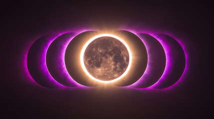 Wall Mural - Solar eclipse shown through glowing purple rings on dark background. Celestial phenomenon depicts moon passing across sun creating luminous circular and crescent outlines. Realistic 3d vector set.